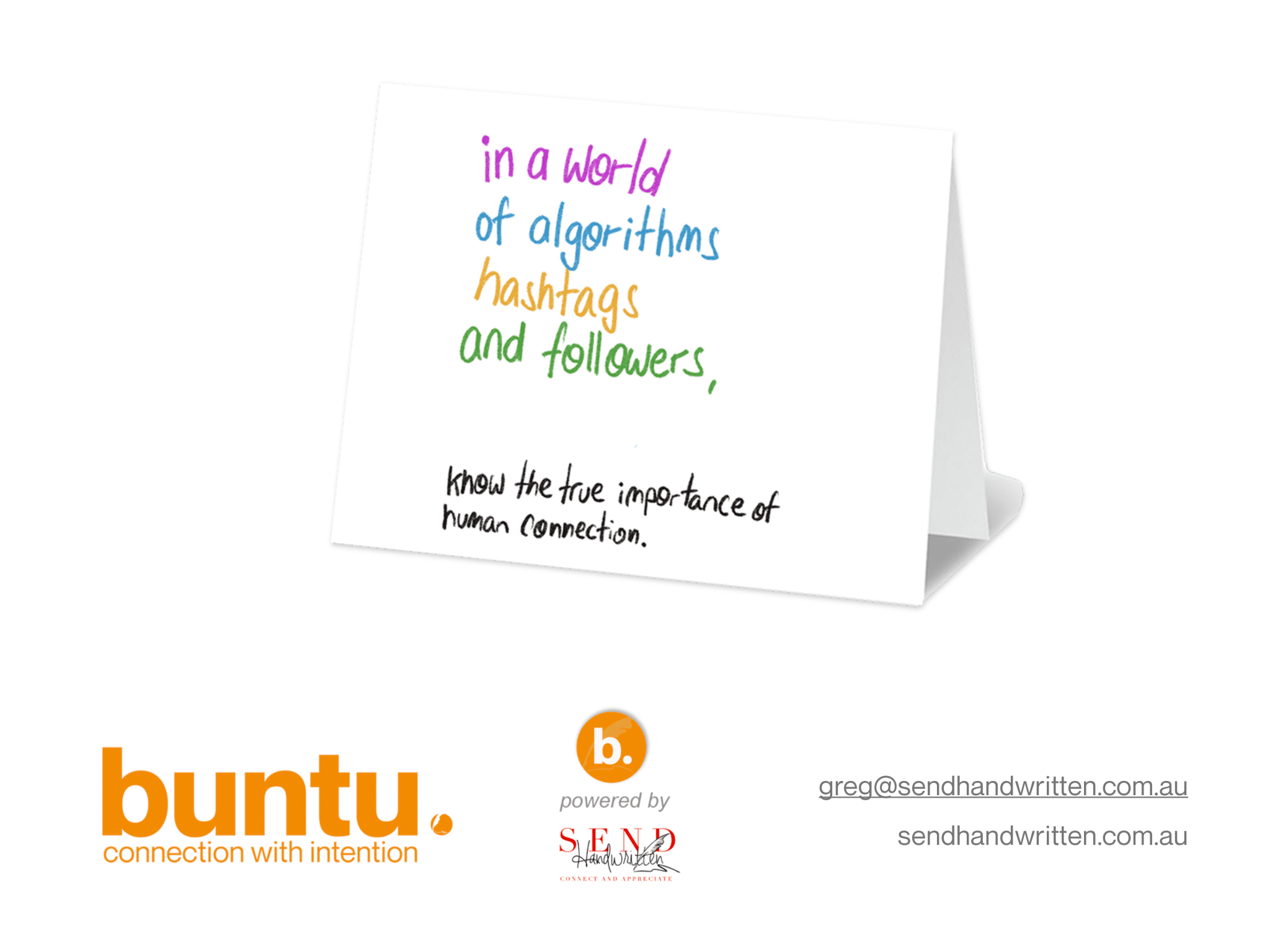 A buntu greeting card with the words'to a world of algorithms and followers'.
