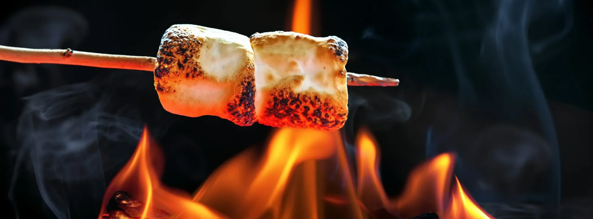 belong A s'more on a stick with flames in the background.